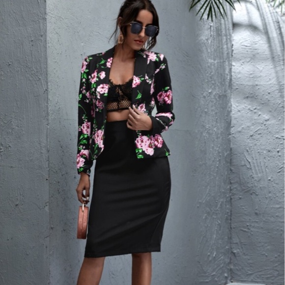 BLACK FLORAL PRINT SHAWL COLLAR BLAZER JACKET - Picture 3 of 13